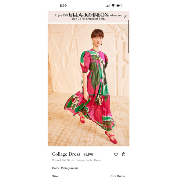 Ulla Johnson Pink and Green Collage Puff Sleeve Dress Size 8 - Picture 3 of 14